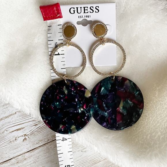 GUESS Triple Round Oversized Dangle Drop Earrings Gold Tone Pave Black New - Picture 5 of 7